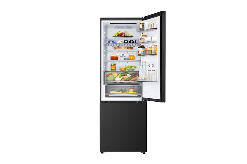 LG fridge freezer (GBBW726AEV) close up of wine rack holding four bottles and box of macarons with rack design magnified in circular image