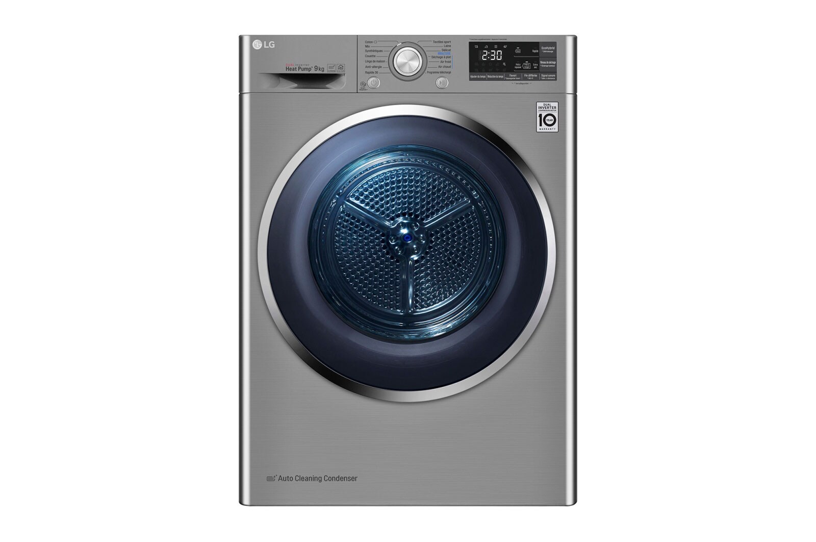 Vue avant de Sèche-linge 9kg | DUAL Inverter Heat Pump™ | A&#43;&#43;&#43;-10% | Condenseur Autonettoyant |Compresseur DUAL Inverter et moteur Inverter garanti 10 ans LG RH9052IX