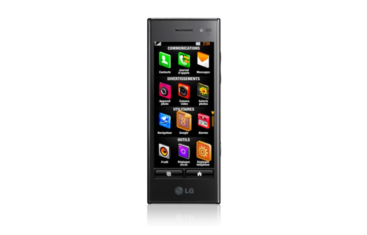 Vue avant de Téléphone mobile avec Ecran 4’’ TFT, Port USB 2.0, Prise jack standard de 3.5 mm, Bluetooth 2.1 Stéréo, Appareil photo 5MP LG BL40
