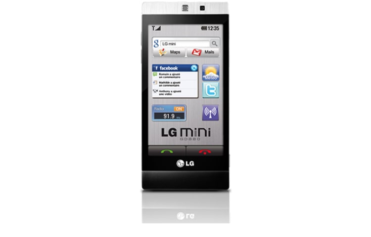 Vue avant de Téléphone mobile avec appareil photo 5 MP, Ecran tactile 3.2’’ LG GD880