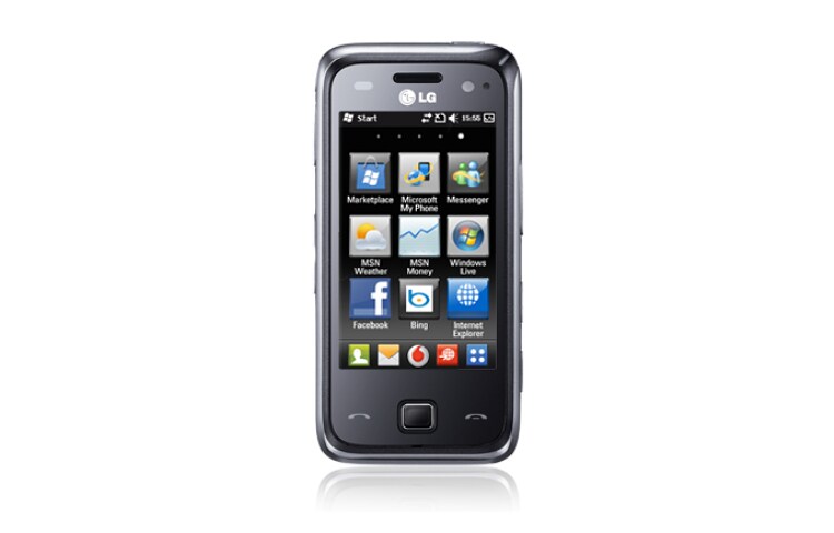 Vue avant de Téléphone mobile tactile avec Windows Mobile 6.5, appareil photo 5MP, GPS intégré, Wifi. LG GM750