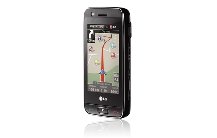 Vue avant de Téléphone mobile 3’’ TFT écran LCD, appareil photo 5 mégapixels avec autofocus, mobile 3G&#43; (HSDPA 3.6), mémoire interne de 100 Mo, Bluetooth™ 2.1 stéréo. LG GT505