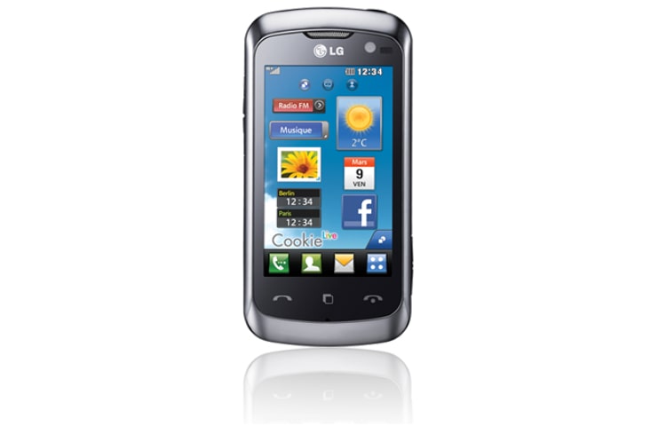 Vue avant de Téléphone mobile avec appareil photo 5 MP, écran large 3&#39;&#39;, lecteur audio avec prise Jack, mémoire interne de 4 Go. LG KM570