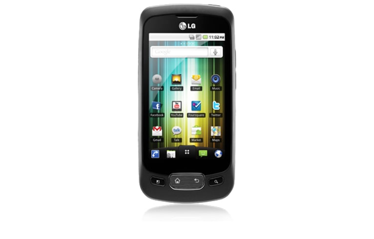 Vue avant de Téléphone mobile Android 2.2 Froyo avec appareil photo 3 MP, GPS, Wifi et MicroSD. LG P500