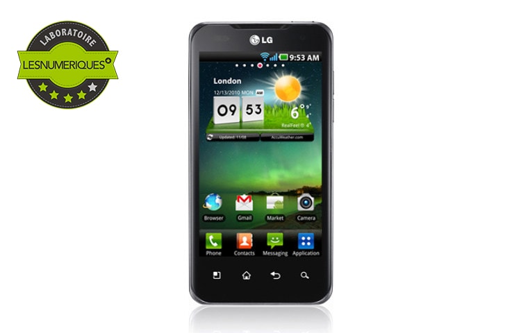 Vue avant de Téléphone mobile Android 2.2 Froyo avec appareil photo 8 MP, GPS, Wifi et MicroSD. LG P990