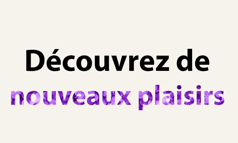 Texte noir et violet "Découvrez de nouveaux plaisirs" sur fond beige.