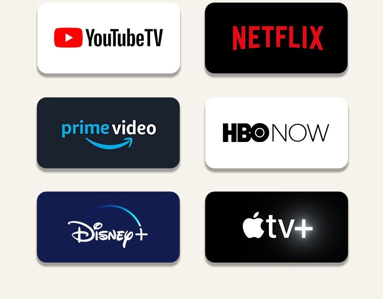 Les icônes des services de streaming OTT sont placées à la suite. Depuis en haut à gauche : Netflix, Amazon Prime Video, HBO NOW, YouTubeTV, Disney+. Et Apple TV+.