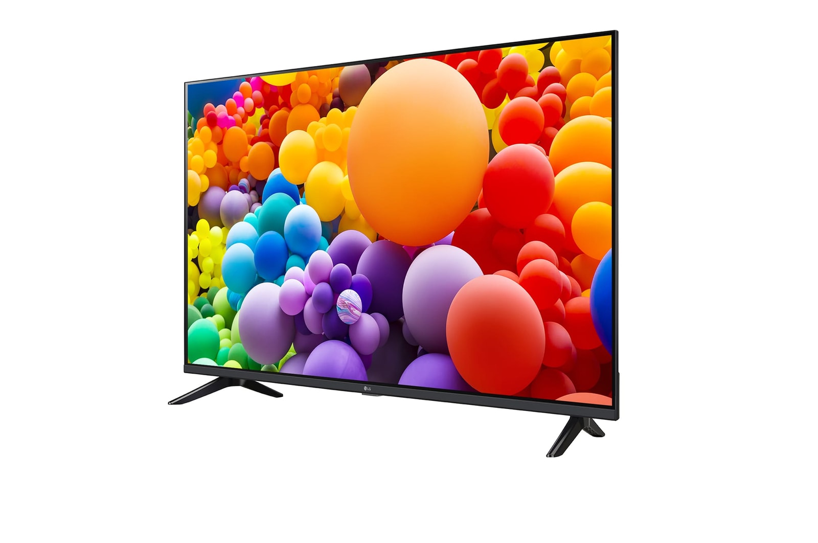 Slightly-angled left-facing side view of LG UHD TV, UT73