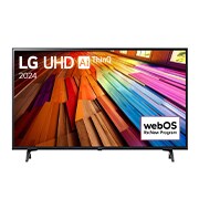 Front view of LG UHD TV, UT81 with text of LG UHD AI ThinQ, 2024, and webOS Re:New Program logo on screen
