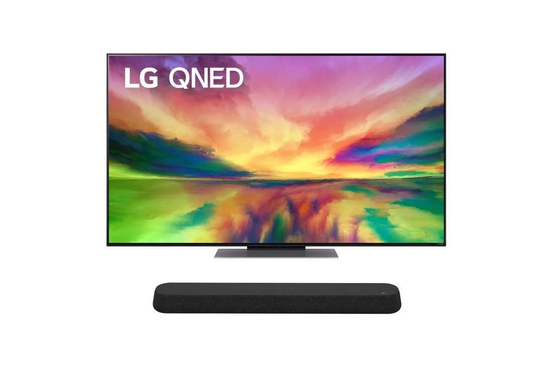 Vue de face du TV LG QNED, série QNED81 de la barre de son LG SE6S