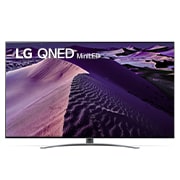 Vue avant du téléviseur QNED de LG avec image de remplissage et logo du produit