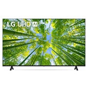 Vue avant du téléviseur UHD de LG avec image de remplissage et logo du produit