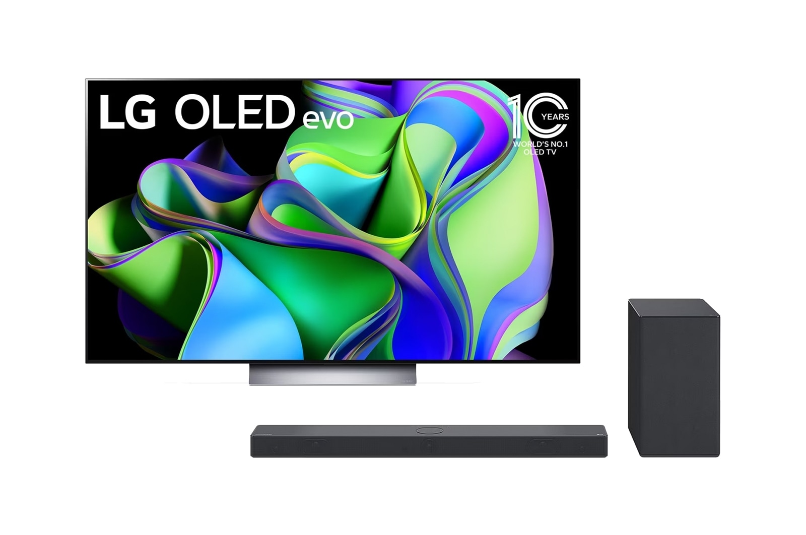 Vue de face du TV LG OLED evo, série C3 et de la barre de son LG SC9S