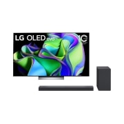 Vue de face du TV LG OLED evo, série C3 et de la barre de son LG SC9S