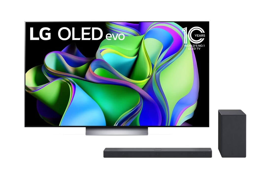 Vue de face du TV LG OLED evo, série C3 et de la barre de son LG SC9S