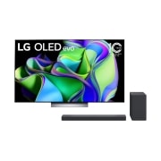 Vue de face du TV LG OLED evo, série C3 et de la barre de son LG SC9S
