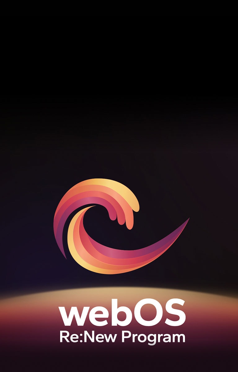 Le logo du webOS Re:New Program sur un fond noir avec une sphère circulaire jaune, orange et violette au bas. Les mots "webOS Re:New Program" sont affichés sous le logo.
