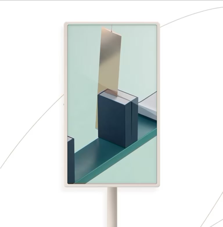L’écran du téléviseur affiche un objet vert qui se balance et qui continue à faire éclater les dominos. Le téléviseur tourne, pivote vers la gauche et s’incline vers le bas. Il y a une fine ligne courbe en arrière-plan.