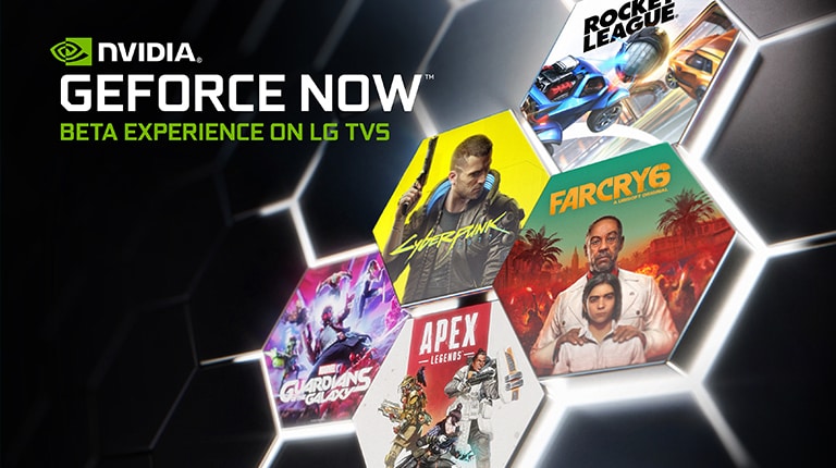 Image avec le logo GeForce Now sur un fond sombre. Les couvertures et les titres de plusieurs jeux populaires sont affichés.