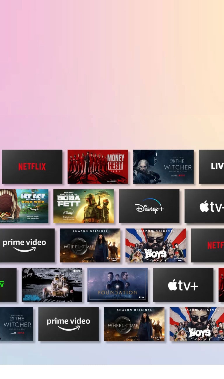 Des rangées de contenu de streaming défilent latéralement tout en affichant le logo du fournisseur de streaming et les vignettes du contenu proposé.