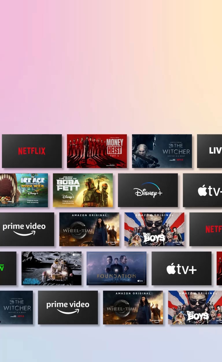 Des rangées de contenu de streaming défilent latéralement tout en affichant le logo du fournisseur de streaming et les vignettes du contenu proposé.