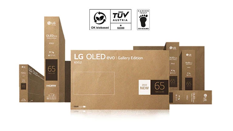Emballage écologique en carton LG OLED représenté autour d’arbres et de montagnes animés
