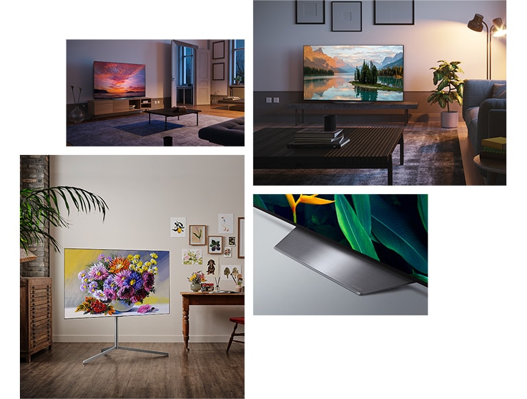 Une scène de soirée avec un LG OLED B2 posé sur un meuble TV dans un salon confortable. Une vue avant du LG OLED B2 posé sur un meuble TV dans une pièce chaleureusement éclairée contenant une plante, des livres et une table basse. Une vue grand angle de la base du LG OLED B2. Un LG OLED B2 doté d’un pied Gallery se trouve dans le coin d’une chambre d’artiste où sont exposées des aquarelles.