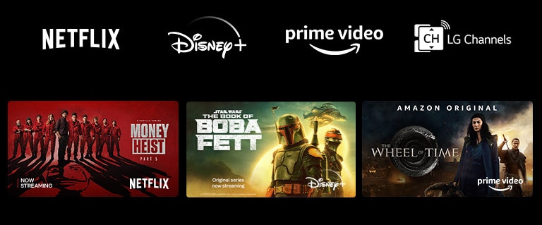 Affiche de Money Heist sur Netflix, Le Livre de Boba Fett sur Disney Plus, La Roue du temps sur Prime Video et See sur Apple TV Plus.