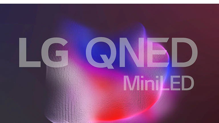 Un écran de télévision montrant le LG QNED Mini LED logo et des petites particules lumineuses représentant le poisson (jouer la vidéo).