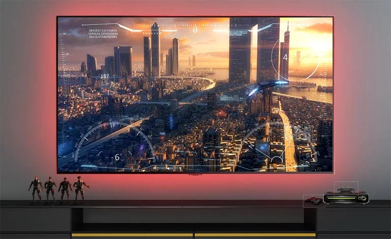 Une scène de jeux vidéo montrant un vaisseau volant au dessus d'une ville, sur un écran TV