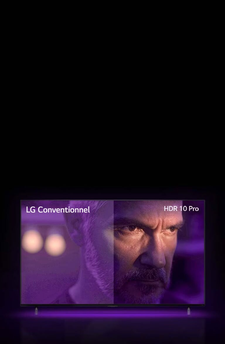Un homme regarde dehors, l’air furieux. L’image est divisée en deux parties. Sur la partie gauche de l’image, les couleurs semblent ternes et moins vives, tandis que la partie droite semble plus vive et plus colorée. Dans le coin supérieur gauche, il est écrit « LG Conventionnel », dans le coin supérieur droit, il est écrit « HDR 10 PRO ».