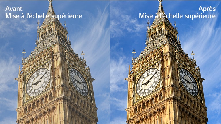 Une image de Big Ben à droite accompagnée du texte « Après mise à l’échelle supérieure » présente une image plus nette et plus claire que la même image à gauche accompagnée du texte « Avant mise à l’échelle supérieure ».