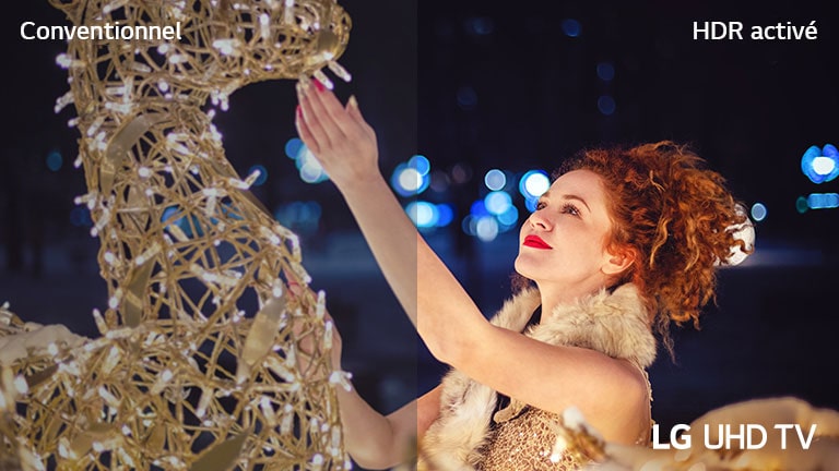 Une scène d’une femme touchant un objet exposé, couvert de petites ampoules, est divisée en deux pour une comparaison visuelle. Sur l’image, figure un texte de Conventionnel en haut à gauche, HDR activé en haut à droite, et le téléviseur UHD LG en bas à droite.