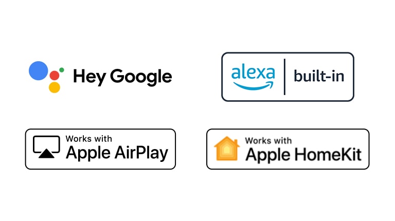 Détails montrant les logos de Hey Google, Alexa, Apple Airplay et Apple HomeKit avec lesquels ThinQ AI est compatible.