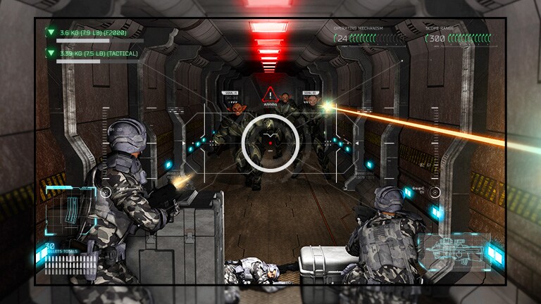 Téléviseur montrant une scène d’un jeu de tir où le joueur est attaqué par des aliens.