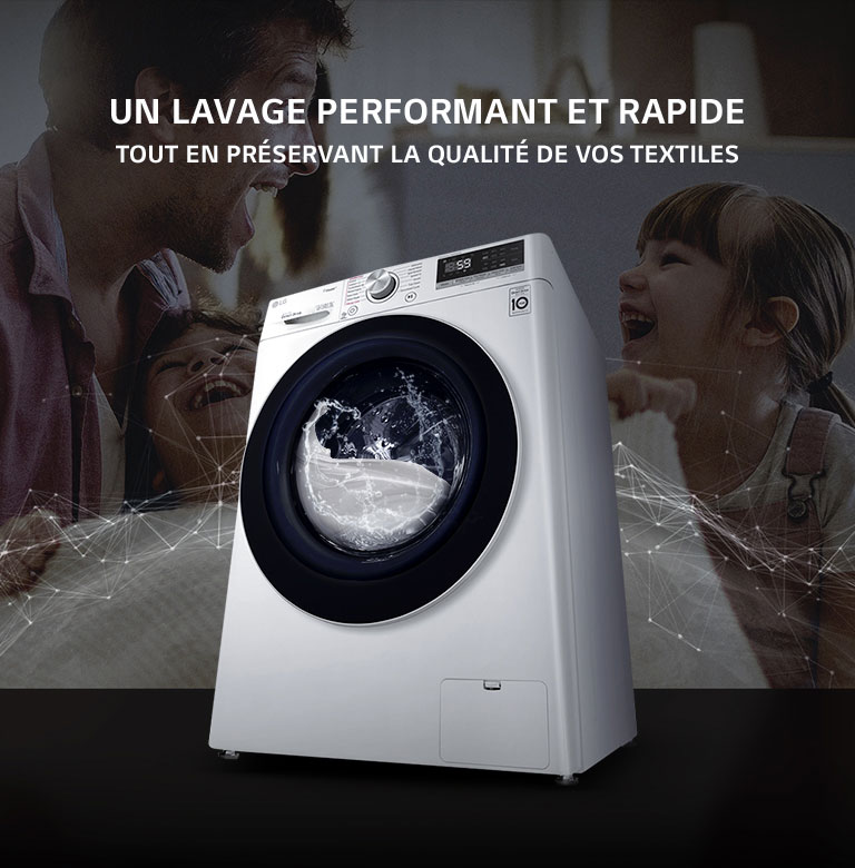 Lave-linge de profile avec un homme et ses filles en fond