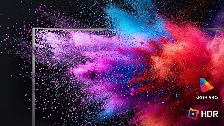 Une image montrant les superbes couleurs du moniteur, avec de l’encre violette, rouge et bleue qui éclate devant le moniteur, et le logo sRGB99 % et le logo HDR en bas à droite.