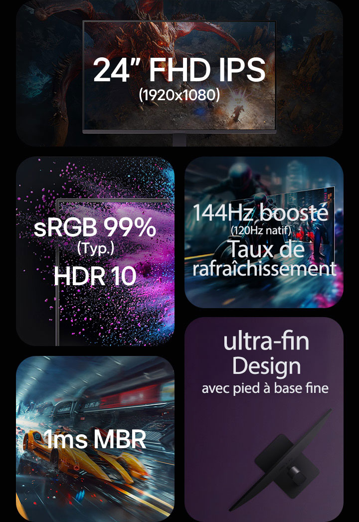 FHD IPS 1 920 x 1 080 24 pouces, sRGB 99 %, HDR 10, taux de rafraîchissement de 120 Hz, MRB 1ms, design ultra fin