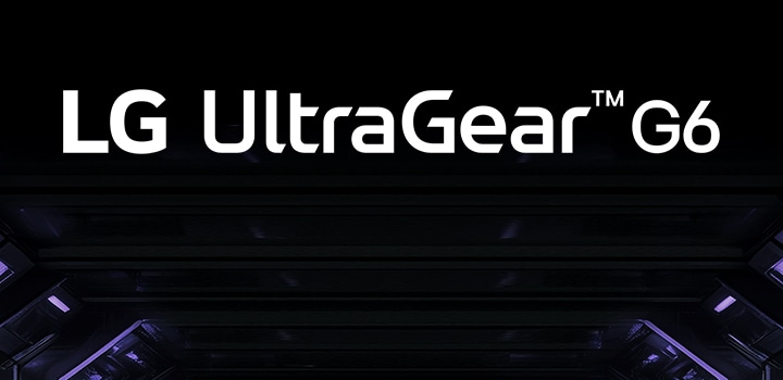 Logo UltraGear™ G6 dans une pièce futuriste, éclairée par des néons.