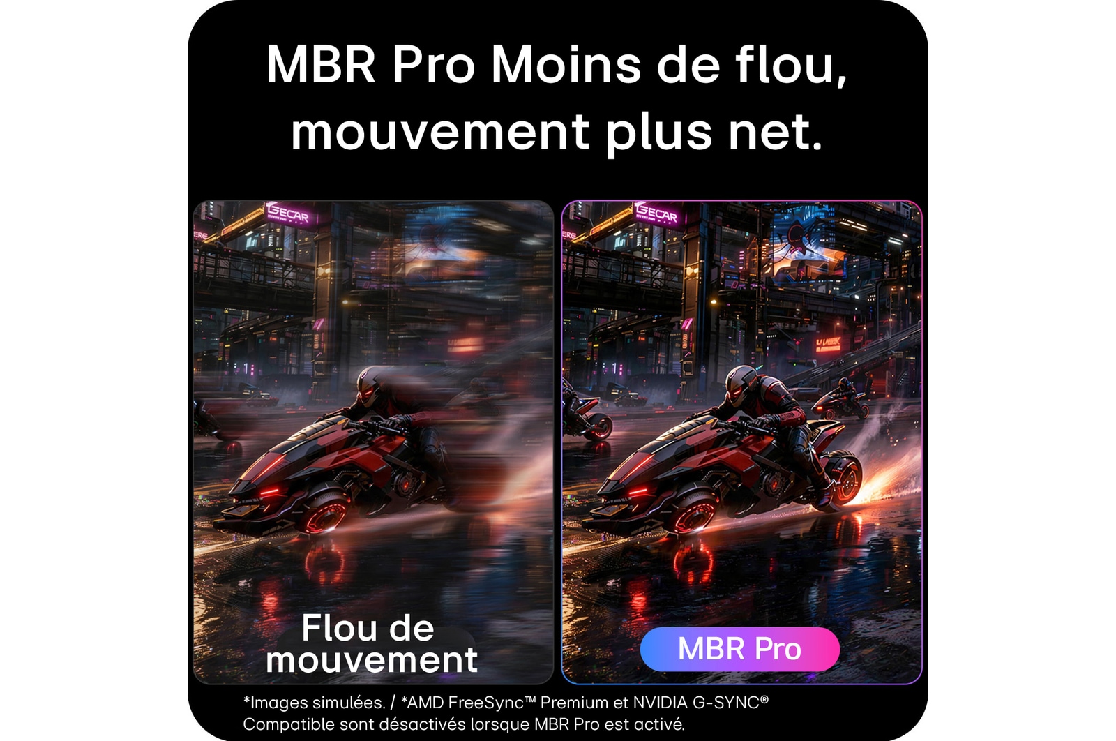 La technologie MBR (Motion Blur Reduction) Pro réduit le flou de mouvement en abaissant le temps de persistance de l’écran pendant le gameplay dynamique