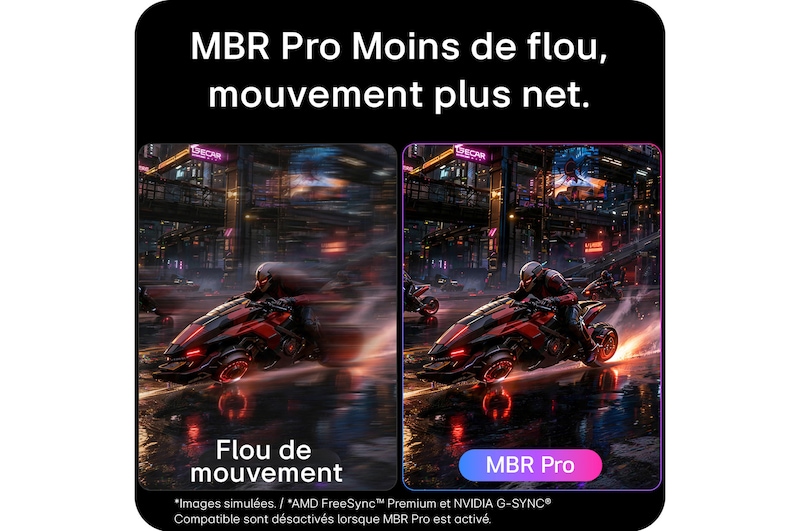 La technologie MBR (Motion Blur Reduction) Pro réduit le flou de mouvement en abaissant le temps de persistance de l’écran pendant le gameplay dynamique