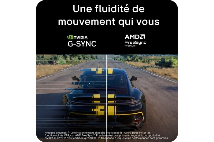 Écran de jeu avec les technologies NVIDIA® G-SYNC® Compatible et AMD FreeSync™ Premium, offrant des visuels plus fluides avec moins de déchirures d’écran, de saccades, de flou de mouvement et de fantômes