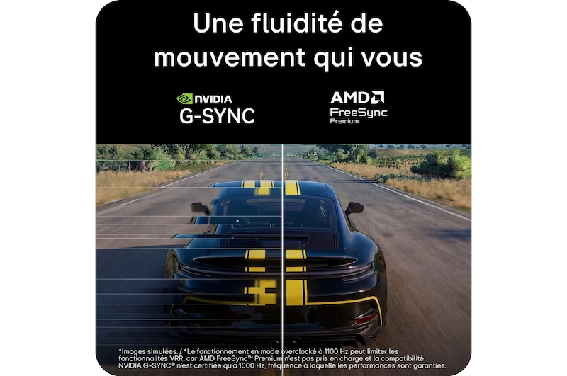 Écran de jeu avec les technologies NVIDIA® G-SYNC® Compatible et AMD FreeSync™ Premium, offrant des visuels plus fluides avec moins de déchirures d’écran, de saccades, de flou de mouvement et de fantômes