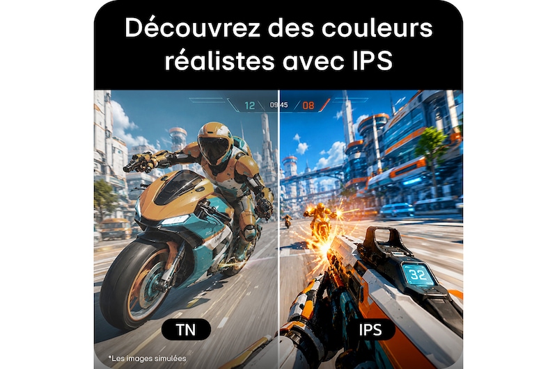Écran de jeu IPS (In-Plane Switching) avec Polarizer ATW (Advanced True Wide), offrant des couleurs plus vives et un contraste plus élevé que l’écran TN (Twisted Nematic)