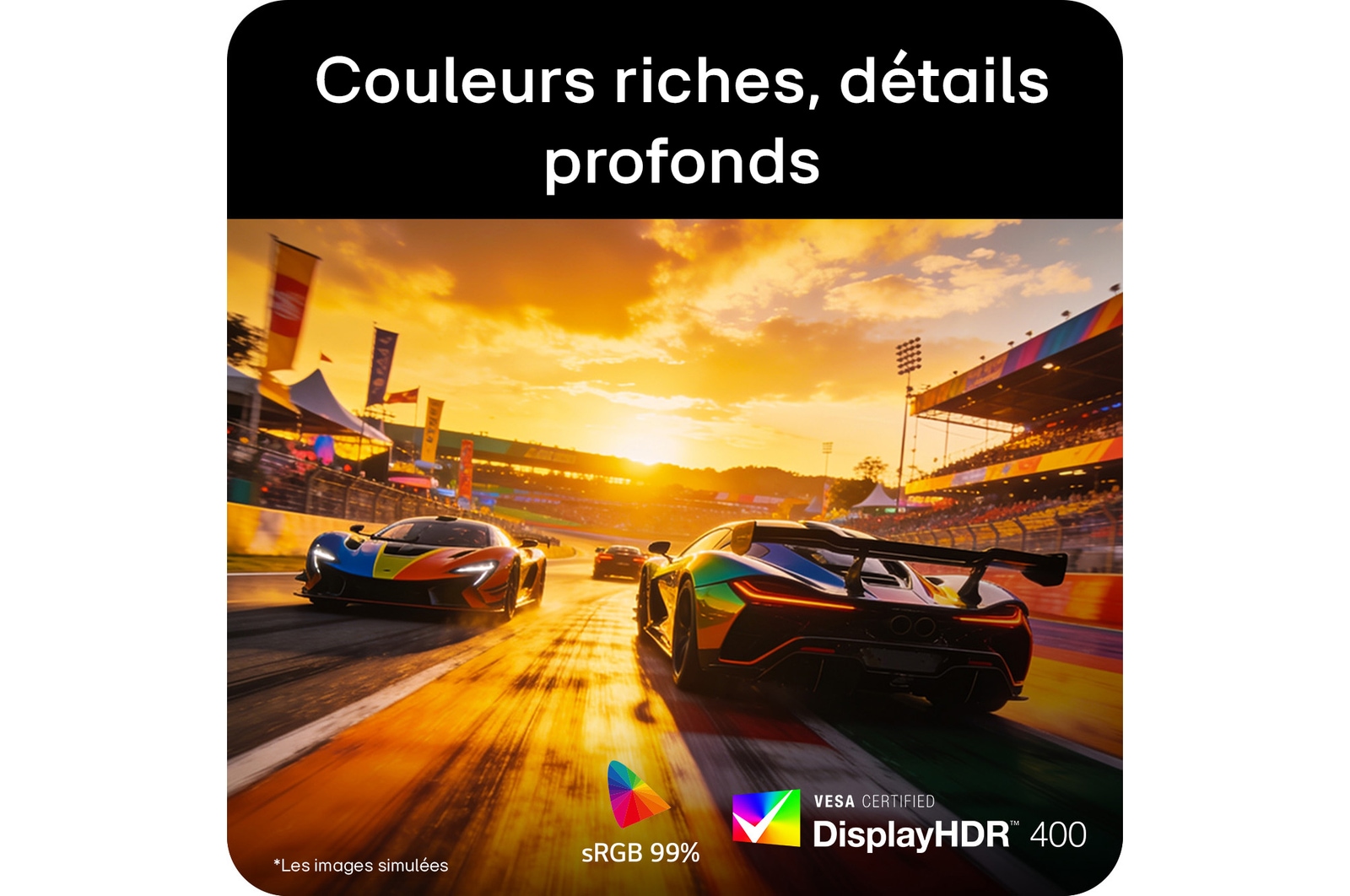 Écran de jeu avec écran VESA DisplayHDR™ 400 et sRGB 99 % (typ.), offrant des couleurs plus riches, des détails visuels plus profonds et un contraste amélioré