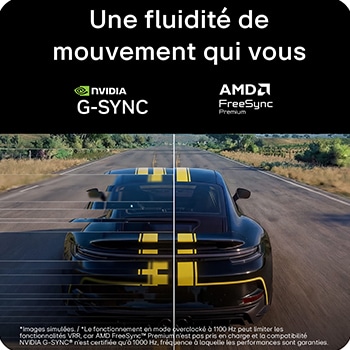 Écran de jeu avec les technologies NVIDIA® G-SYNC® Compatible et AMD FreeSync™ Premium, offrant des visuels plus fluides avec moins de déchirures d’écran, de saccades, de flou de mouvement et de fantômes