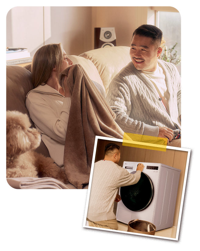 Un couple heureux enveloppé dans des vêtements fraîchement séchés par le sèche-linge LG
