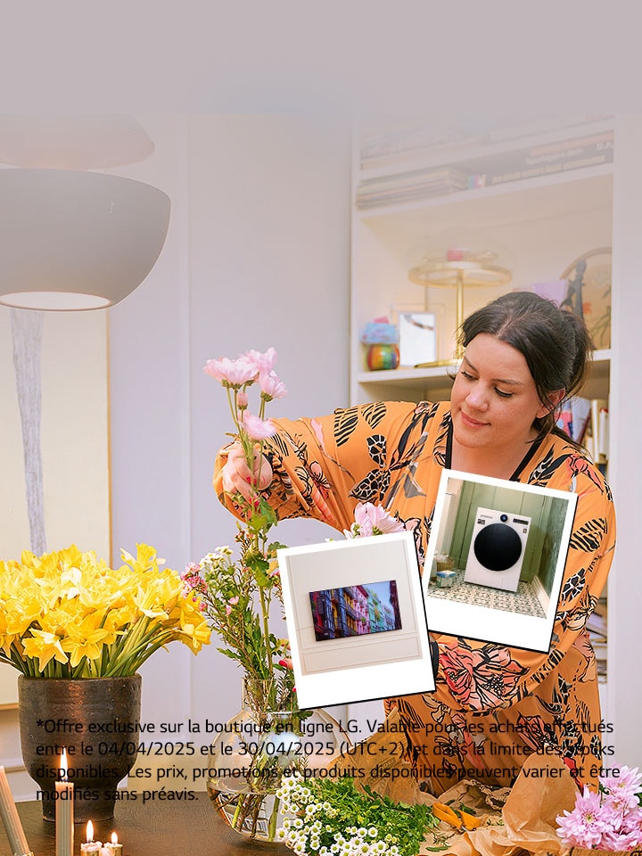 Image d'une femme avec une composition florale.	