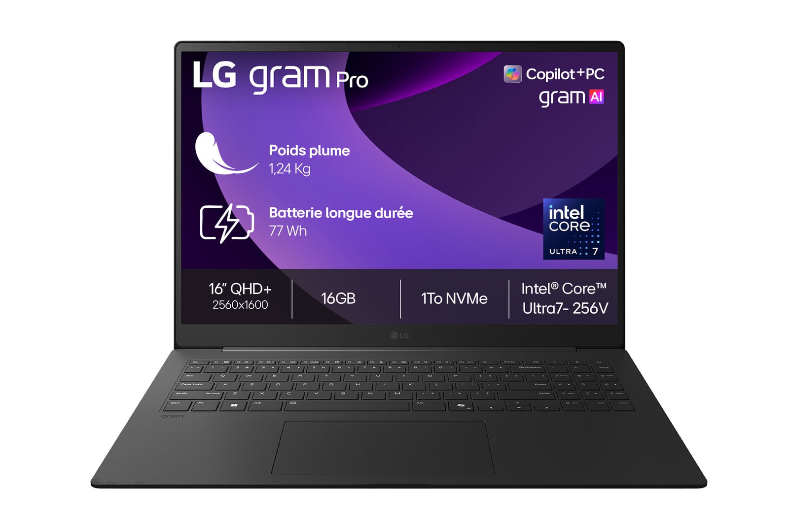Vue avant de LG gram 16&#34; | Intel® Core™ Ultra 7, 16Go/1To/Gris LG 16Z90TS-G.AU79F