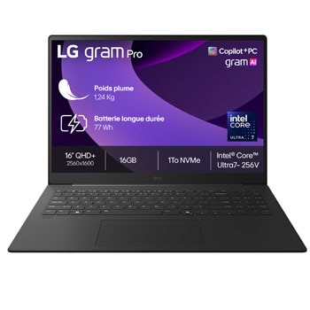 Vue avant de LG gram 16&#34; | Intel® Core™ Ultra 7, 16Go/1To/Gris LG 16Z90TS-G.AU79F